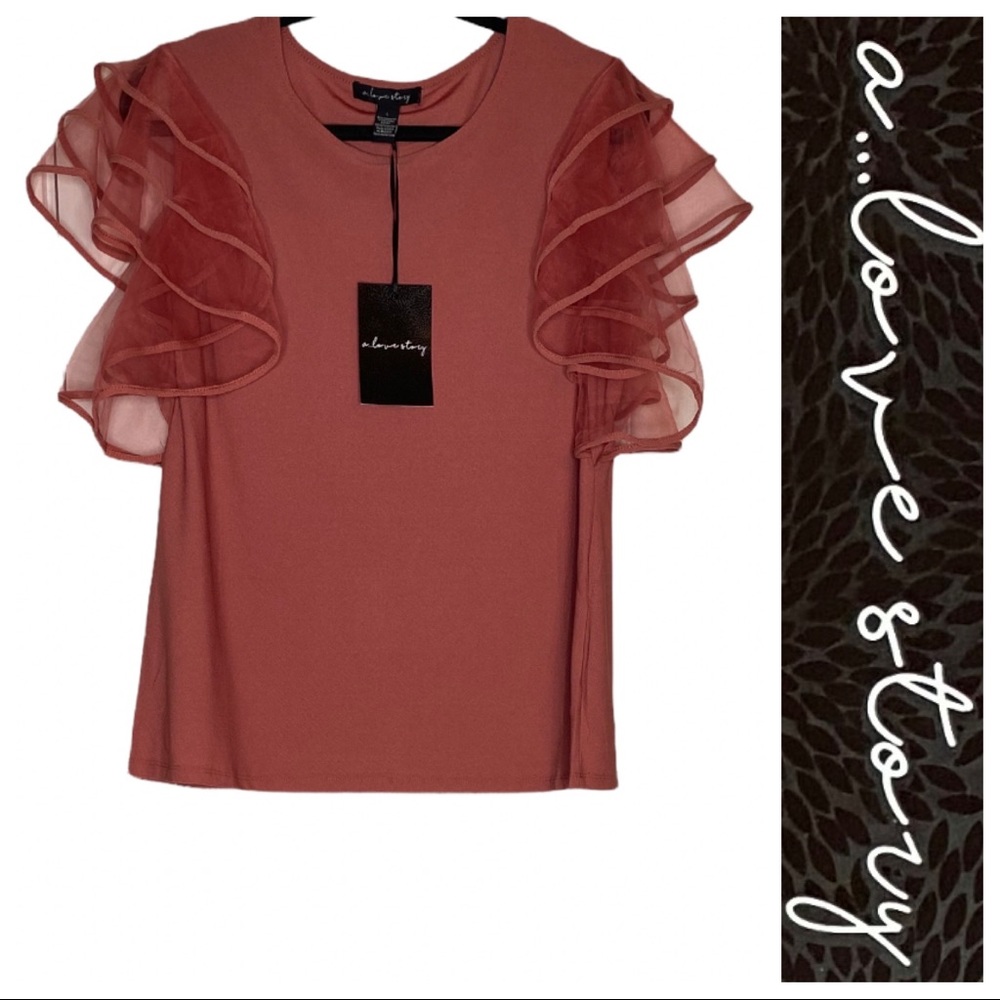 Brand New! A Love Story Salmon Fluttered Tiered Tulle Short Sleeve Shirt Size L